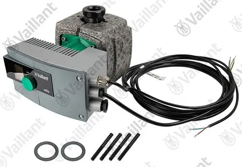 Vaillant Pumpe mit Steuerungseinheit, Kabeln und Montagematerial. Kompakt aufgebaut, geeignet für Heizungssysteme mit hoher Effizienz.